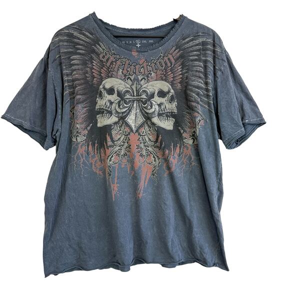 Affliction Y2K Trashed Gray Skull Wings Graphic TShirt Mens - XL - Picture 1 of 10